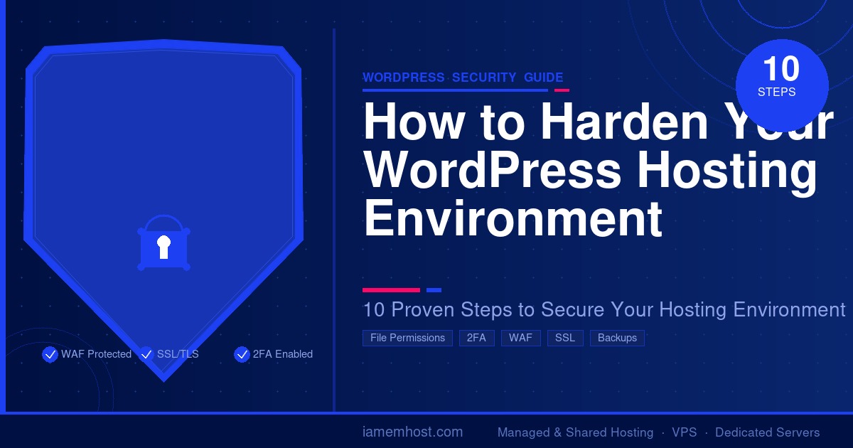 WordPress hosting security hardening — 10-step guide covering file permissions, WAF, 2FA, SSL, and automated backups