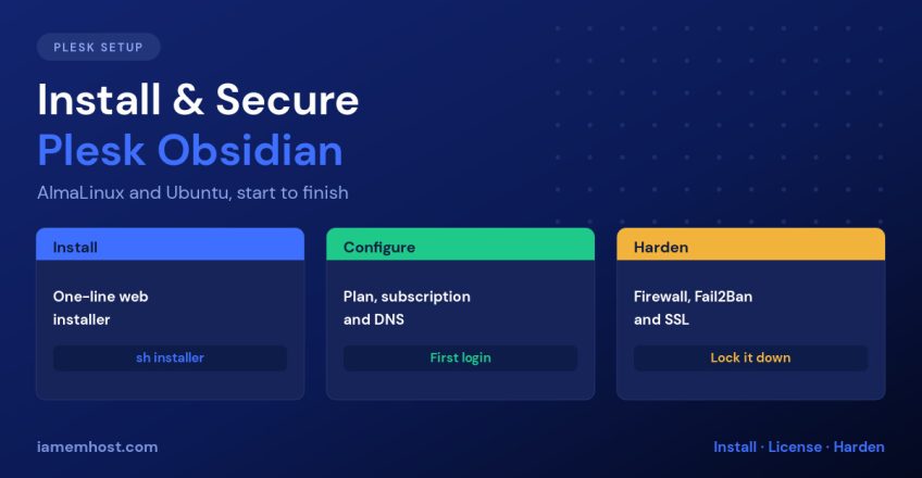 Three-step Plesk Obsidian setup: install, configure a service plan, and harden the server
