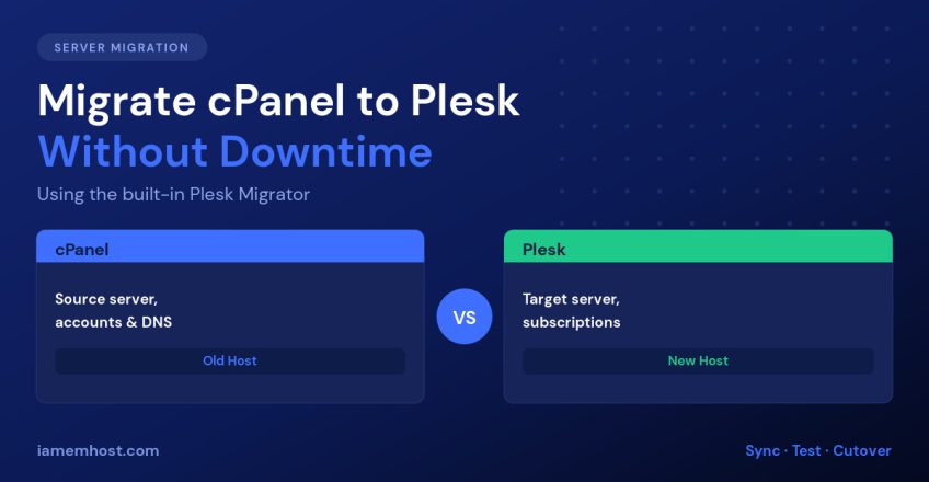 cPanel source server and Plesk target server side by side in a zero-downtime migration