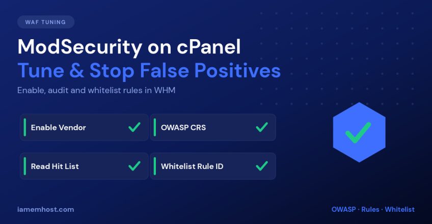 Checklist of ModSecurity tuning steps in cPanel WHM: enable vendor, OWASP CRS, hit list, whitelist rule ID